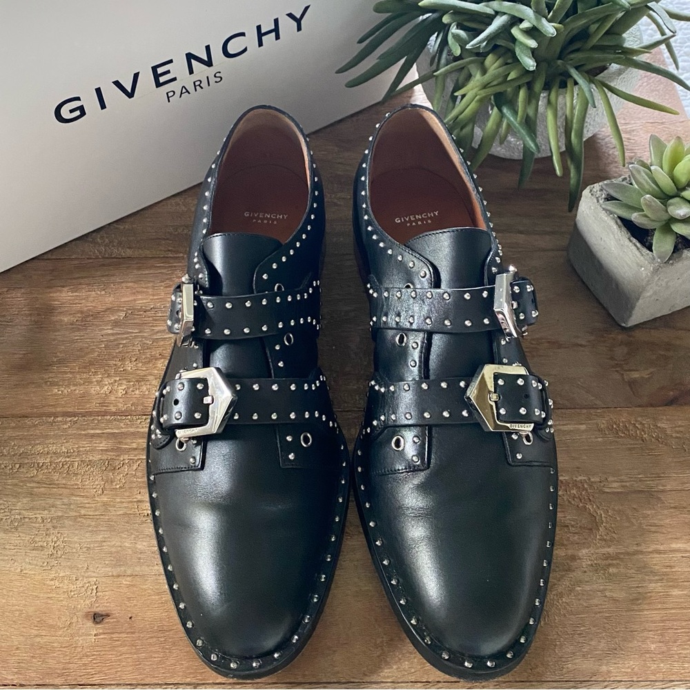 GIVENCHY Black Leather & Metallic Studded Monk-Strap Oxfords
